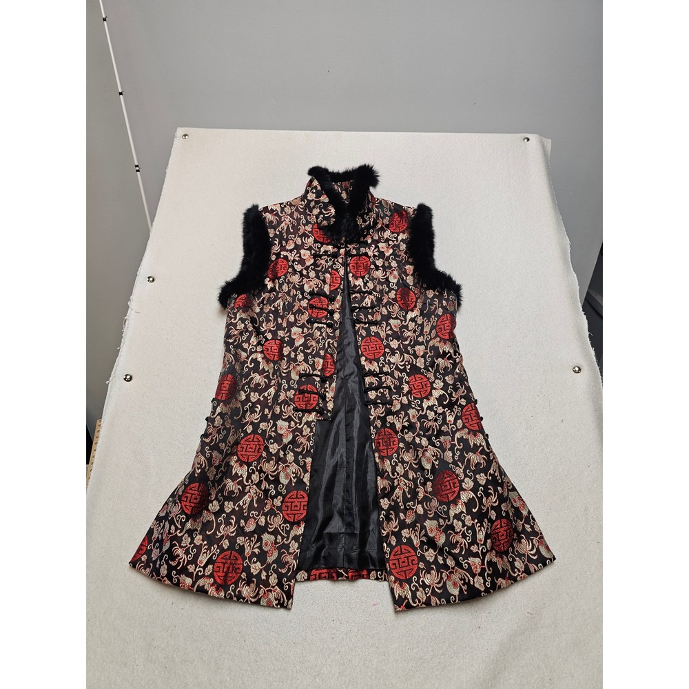 Xiuhetang Black Red Gold Floral Brocade Faux Fur Trim Frog Button Vest XXXL